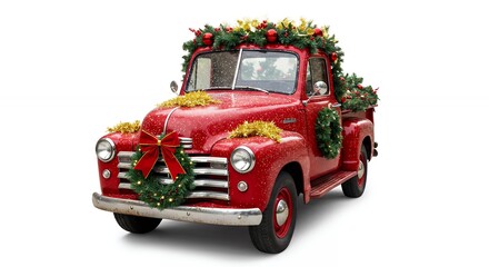 Vintage red truck decorated for christmas