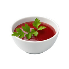 Ketchup in bowl with parsley garnish on transparent background