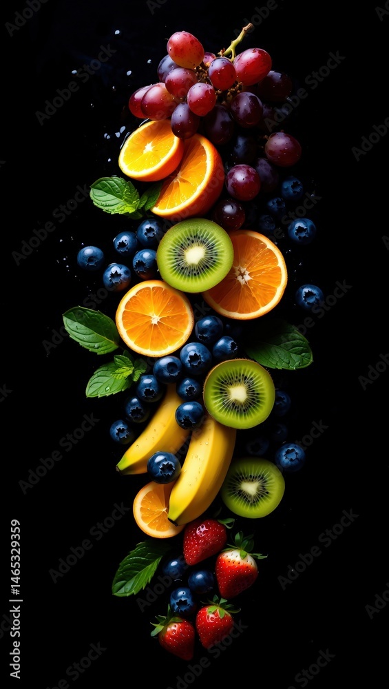Poster A vibrant display of fresh fruits arranged in a curved pattern against a dark background.