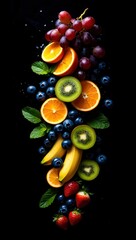 A vibrant display of fresh fruits arranged in a curved pattern against a dark background.