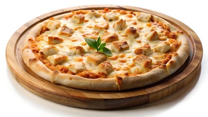 Chicken and Cheese Pizza with Fresh Basil on a Wooden Board