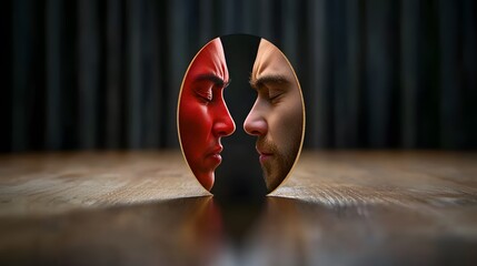 Split Face Reflection Red and Natural Skin Tones in Dark Setting