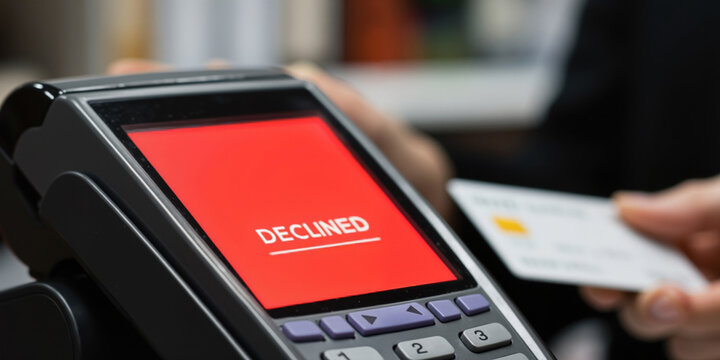 Declined credit card payment message displayed at store on Point-of-sale POS terminal, close-up of transaction failure, card error, insufficient funds, blocked card, banking issue, financial denial