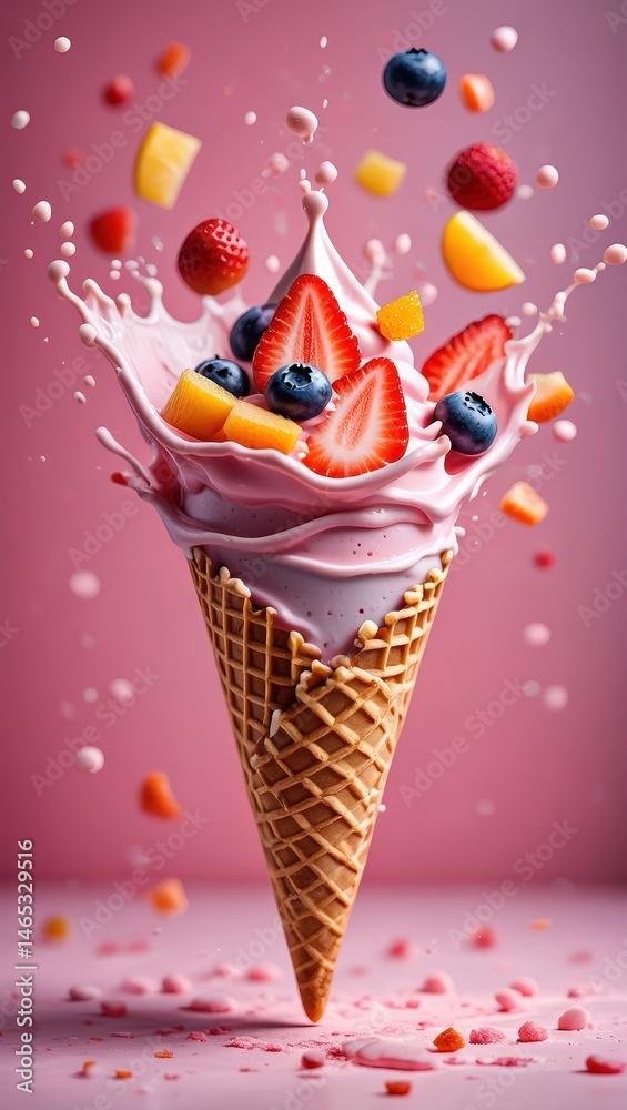 Poster a chocolate ice cream cone with strawberry and blueberry pieces being poured from it onto the surfac
