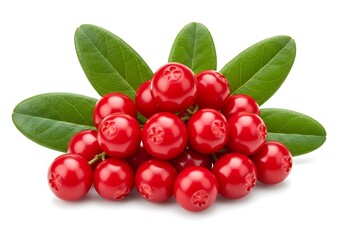 A close up shot of a cluster of bright red cranberries with green leaves on a white background
