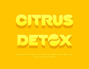 Vector Tasty label Citrus Detox with Artistic Emblem. SunnyYellow Font. Stylish Isometric Alphabet Letters and Numbers set.