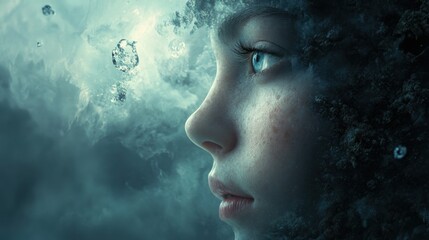 Close-up Portrait of Young Woman in Profile View with Water Droplets and Dark Rock Formation Background Elements