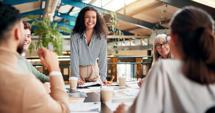 Presentation, teamwork and woman with smile, ideas and planning for project, media and creative company. Business, reporter and brainstorming for article in boardroom, people and happy for journalism