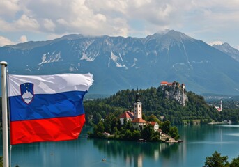 Waving Slovenian Flag Over the Iconic Beauty of Lake Bled and the Majestic Julian Alps Backdrop