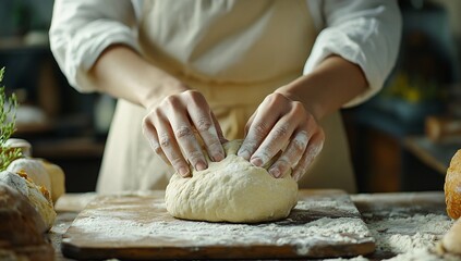 Fototapeta premium Hands-On Artisan Bread Making with Flour-Dusted Dough