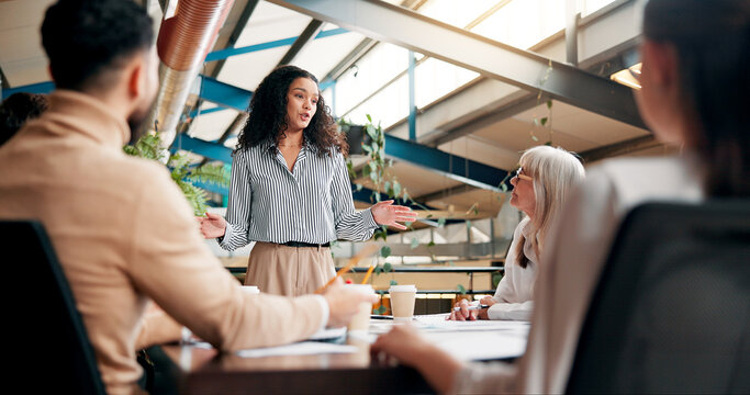 Brainstorming, speaker and woman in boardroom, creative and brand specialist with ideas for project. Business, team and people with strategy for target audience, trends and speech for workshop