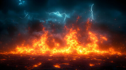 Fototapeta premium Fiery Inferno Against a Dramatic Night Sky with Lightning