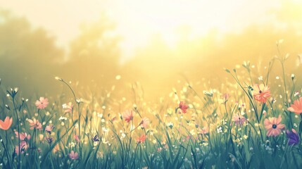 Fototapeta premium Beautiful wildflowers in a meadow at sunrise