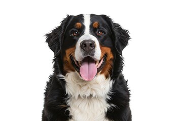 Close up portrait of a bernese mountain dog with its tongue out looking at the camera on white