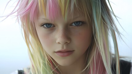 Fototapeta premium Closeup Portrait Girl Colorful Hair Freckles