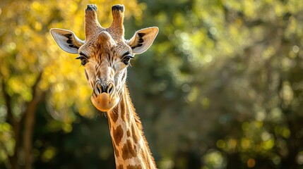 Naklejka premium An old giraffe standing by itself, its long neck and slightly wrinkled face reflecting its age.