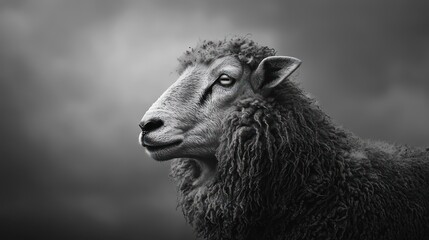 Obraz premium An old, wise sheep with a slightly graying wool coat, staring thoughtfully into the distance.