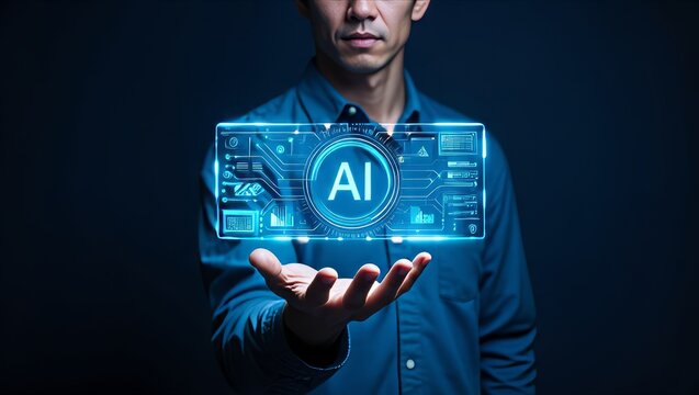 Person holding a holographic AI interface in blue lighting.