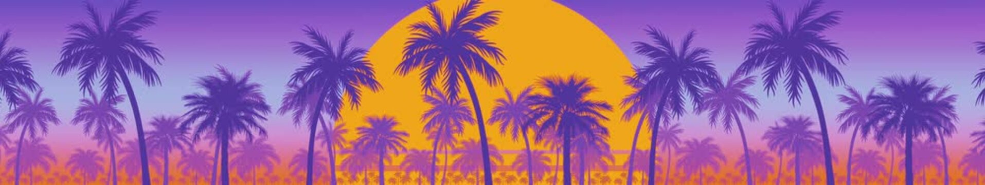 A panoramic view of vivid palm silhouettes set against a surreal retro sunset gradient, capturing the nostalgic aesthetic of 80s vaporwave design