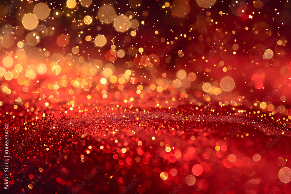 Poster vibrant red background with sparkling bokeh lights, suitable for festive or romantic themes