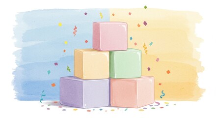 Pastel Cubes Stacked on Toned Background with Confetti - Celebration, growth, achievement, balance