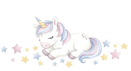 Fototapeta premium Peaceful Baby Unicorn and Stars Nursery Decor - Adorable baby unicorn peacefully sleeping amidst soft watercolor stars. Symbolizes dreams, magic, purity, innocence