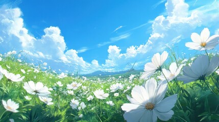Whimsical field of white cosmos under a vibrant blue sky