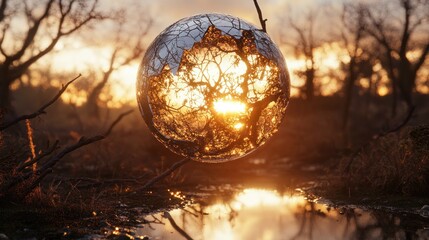 Fototapeta premium Floating sphere showcasing sunlit tree silhouettes.