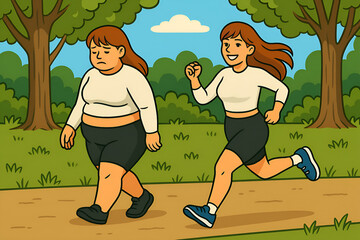 Two women in the park, one running thin and happy, the other woman fat and sad. The topic of weight loss.