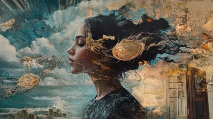 Profile of serene female face integrated with cloudy sky, cityscape, golden accents, and window architectural element.
