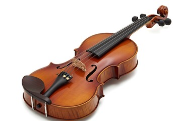 Close up of a brown violin with black strings and tuning pegs on a white background surface view