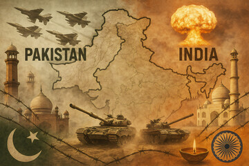 Illustration depicting India-Pakistan conflict with military tanks, fighter jets, barbed wire, and cultural landmarks, symbolizing tension, division, and historical significance.