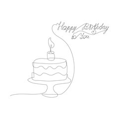 Single line drawing of a birthday cake. Birthday cake in continuous line art drawing style. Traditional birthday cake with candle on the top. Vector illustration