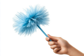 Bright blue feather duster held by a hand in a simple and clean background for home cleaning purposes