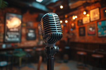 Vintage microphone stands ready for performers at a lively music venue with warm lighting and rustic decor