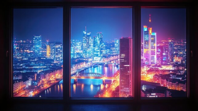 Fototapeta Glowing cityscape view from window at night