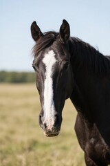 Obraz premium there is a black horse standing in a field with a white stripe