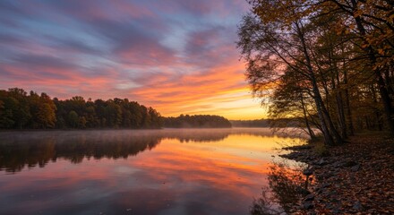 Fototapeta premium Serene Autumn Sunset Over Lake - Breathtaking sunrise over a tranquil lake, reflecting vibrant autumn colors in the still water. Misty morning adds to the serene atmosphere