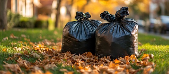 Autumn Cleanup: Black Garbage Bags on Leaf-Covered Grass in Residential Area