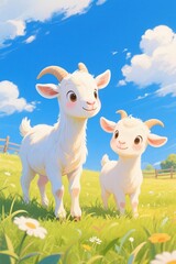 there are two goats standing in a field with a fence