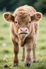 there is a small brown cow standing in a field of grass