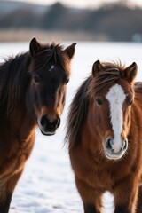 horses standing in the snow looking at the camera