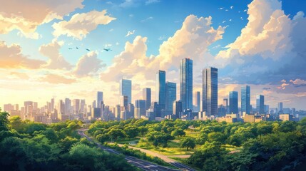 Fototapeta premium Urban parkland skyline at sunrise. Lush green parkland meets modern cityscape. Soft sunlight illuminates the horizon