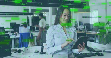 Mid-adult woman using tablet at open-plan office, with floating binary code overlay showing tech - Powered by Adobe