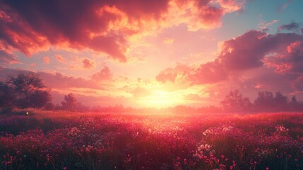 Fototapeta premium Vibrant Sunset over a Field of Pink Flowers Serene Nature Landscape Photography