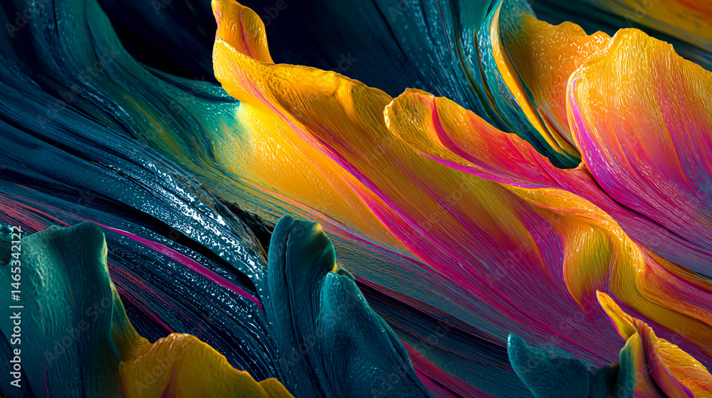 Poster abstract image of swirling teal, gold, and magenta paint, creating dynamic, flowing forms resembling