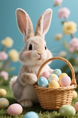 there is a small bunny sitting next to a basket of eggs