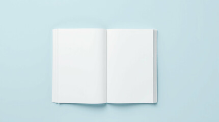 Minimalist blank notebook mockup, open pages on light blue surface for design