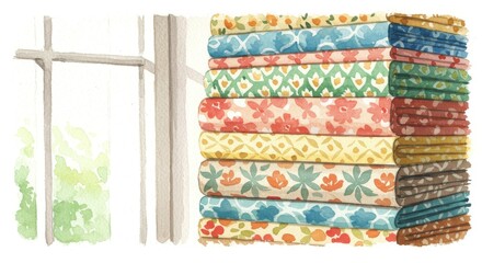 Stack of Patterned Fabrics Near Window - A neatly stacked pile of colorful patterned fabrics sits by a window, symbolizing creativity, craftsmanship, textile artistry, home d&eacute;cor