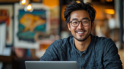 Man in cafe, laptop, smiling